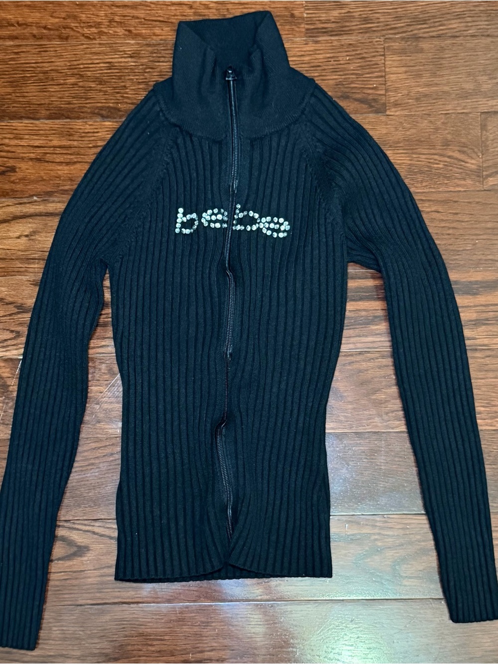 bebe Black Ribbed Zip-Up Sweater with Rhinestone Logo Size Small
